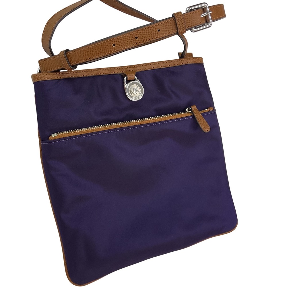 Michael Kors Purple Nylon Crossbody Bag Tan Leather Trim Silver Hardware Small